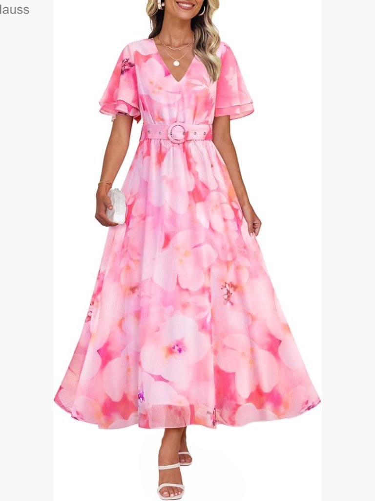 Floral V-Neck Midi Dress With Belt, Short Sleeve, High Waist, Summer Casual